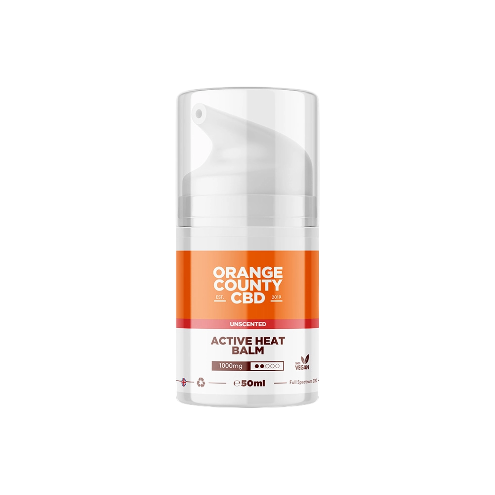 A 50ml pump bottle of Orange County CBD Active Heat Balm, 1000mg, featuring a white and orange label with a clear cap, shown on a solid white background.