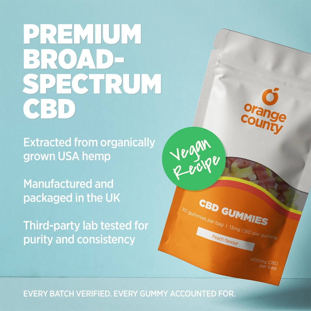 CBD gummies package with 'Orange County' branding on a light blue background