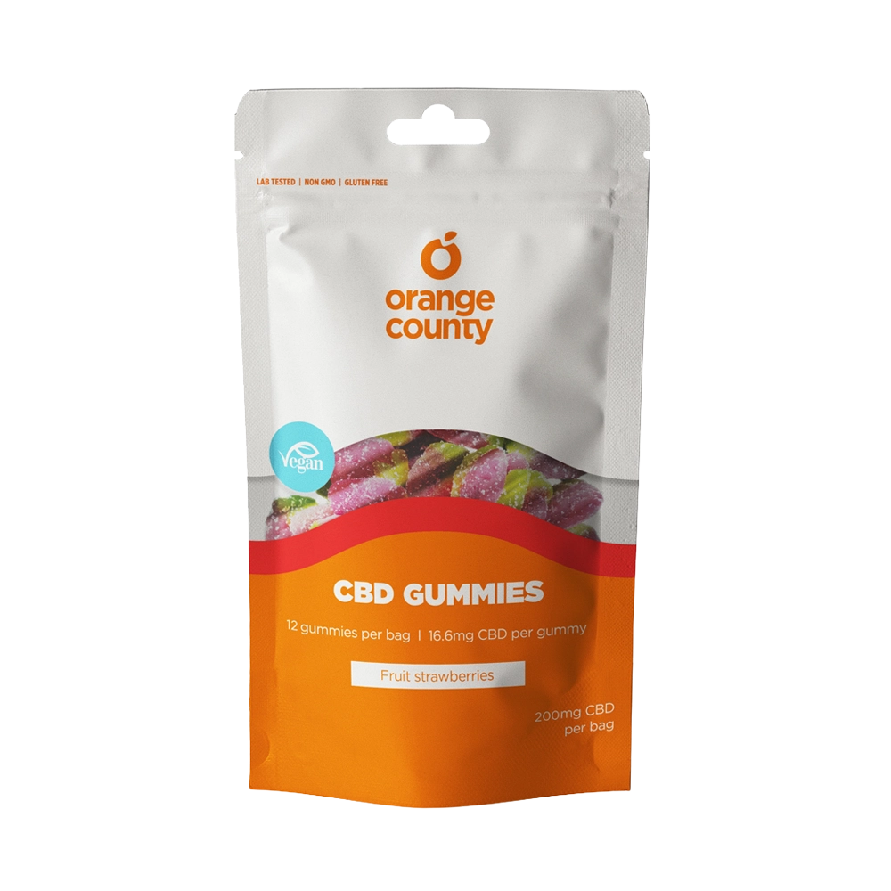 An orange and white stand-up pouch of Orange County CBD Gummies, Fruit Strawberries flavor, on a solid white background.