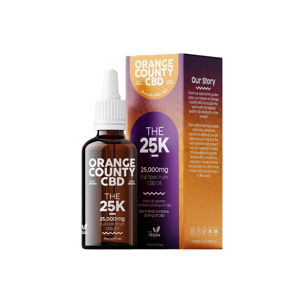 An amber glass dropper bottle and its matching retail box for Orange County CBD 'The 25K' full spectrum CBD oil, displayed on a clean white background.