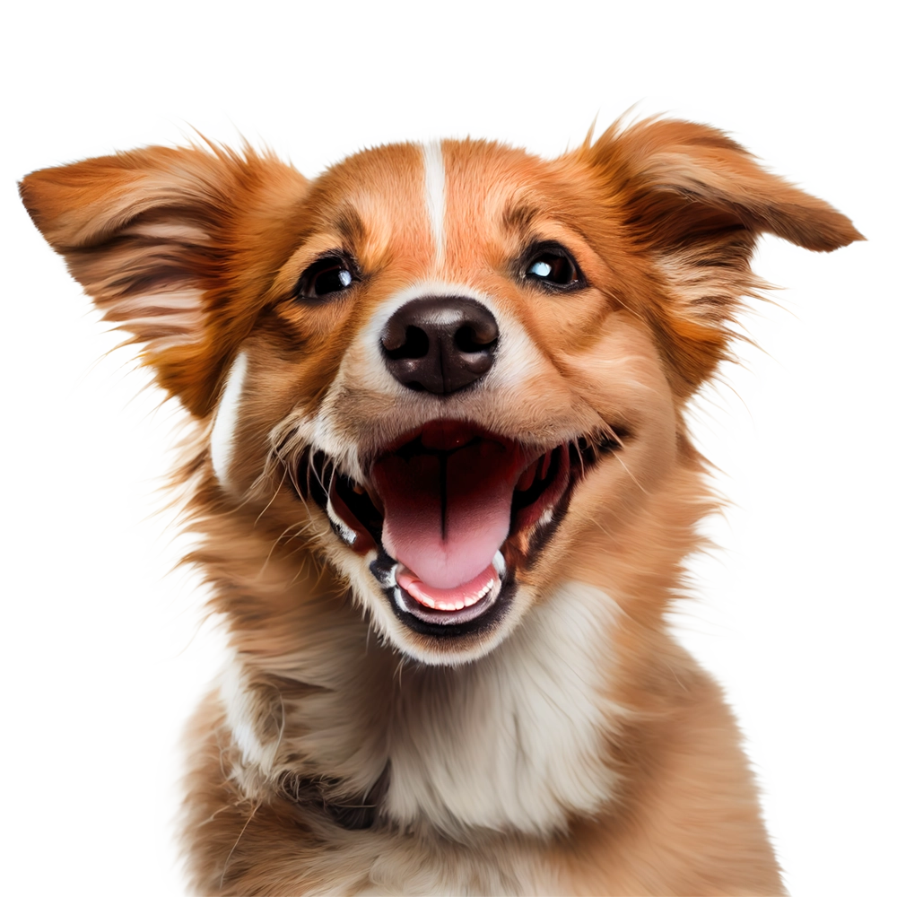 A close-up portrait of a smiling brown and white dog with floppy ears, shown against a solid black background.