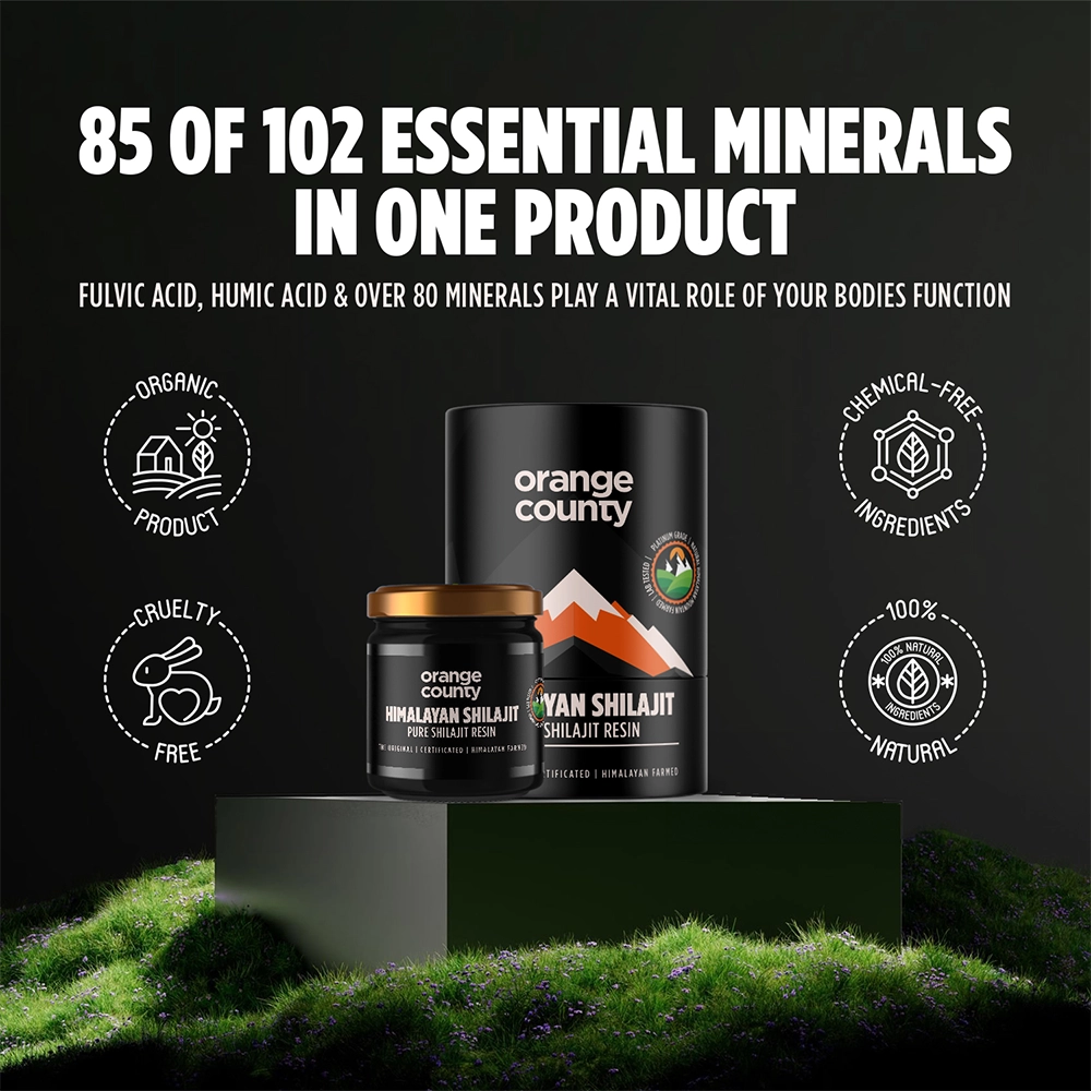 Orange County Himalayan Shilajit product with promotional text on a black background