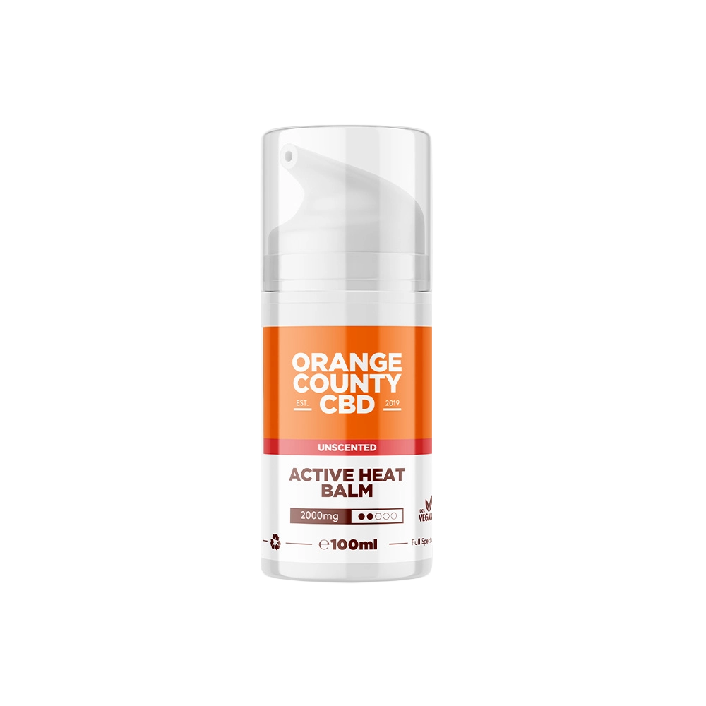 A 100ml pump bottle of Orange County CBD Active Heat Balm, unscented, featuring a white and orange label on a clean white background.