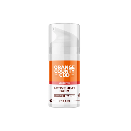 A 100ml pump bottle of Orange County CBD Active Heat Balm, unscented, featuring a white and orange label on a clean white background.