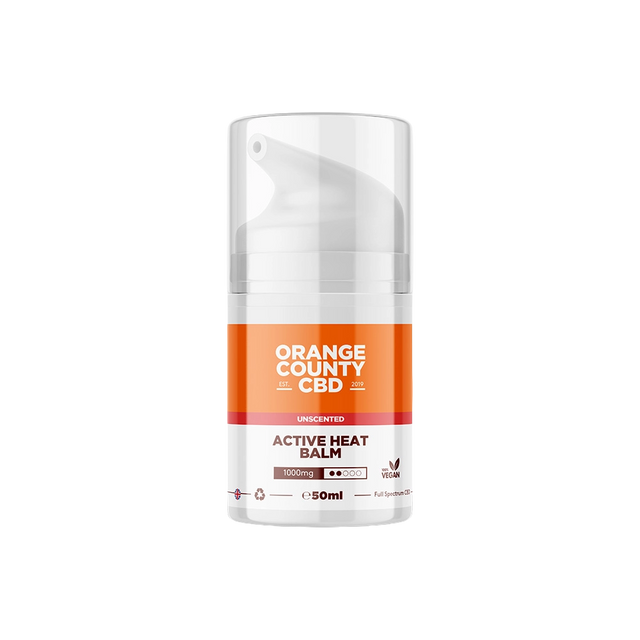 A 50ml pump bottle of Orange County CBD Active Heat Balm, 1000mg, featuring a white and orange label with a clear cap, shown on a solid white background.