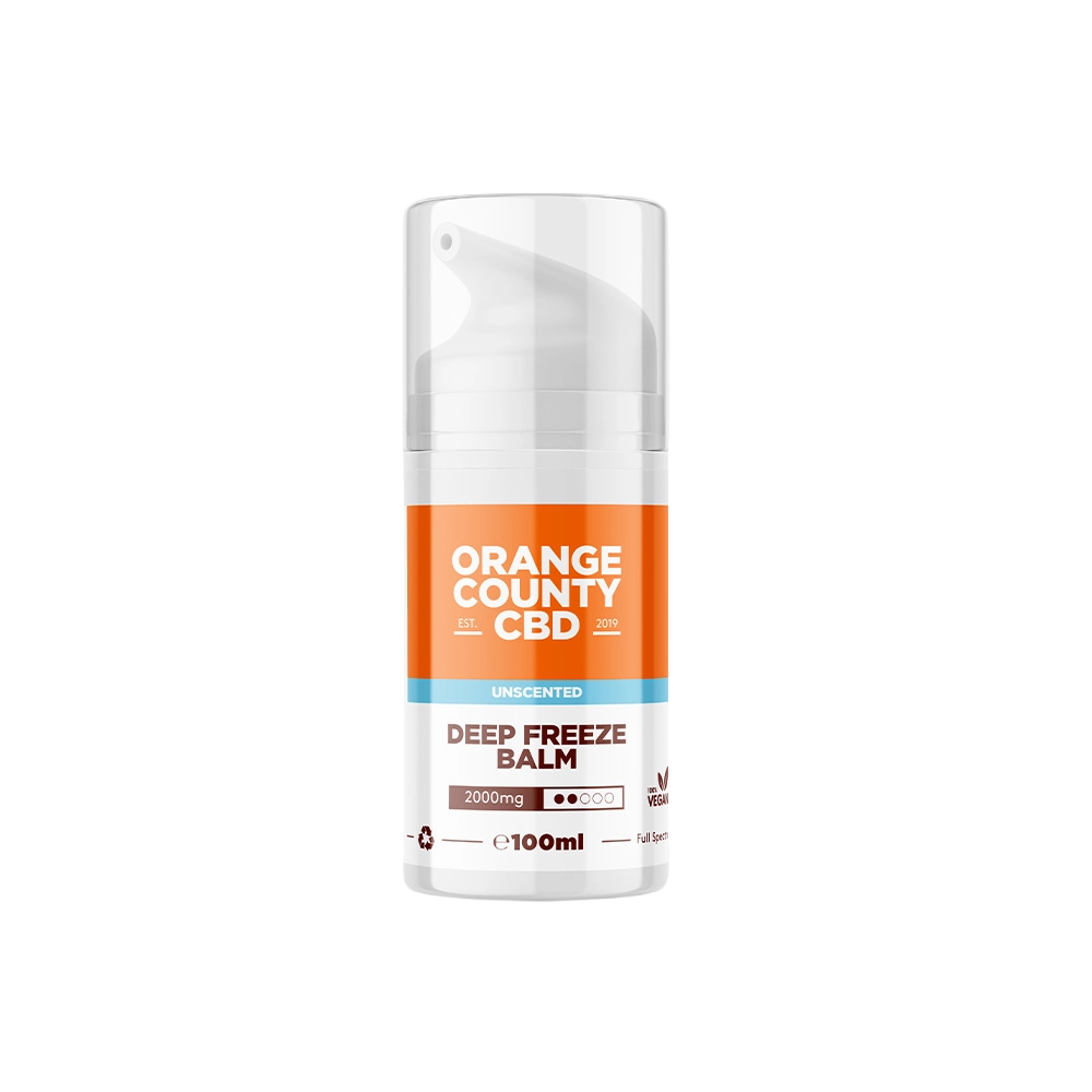 A 100ml pump bottle of Orange County CBD Deep Freeze Balm, unspenced, with a white bottle, clear cap, and an orange and white label.