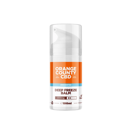 A 100ml pump bottle of Orange County CBD Deep Freeze Balm, unspenced, with a white bottle, clear cap, and an orange and white label.