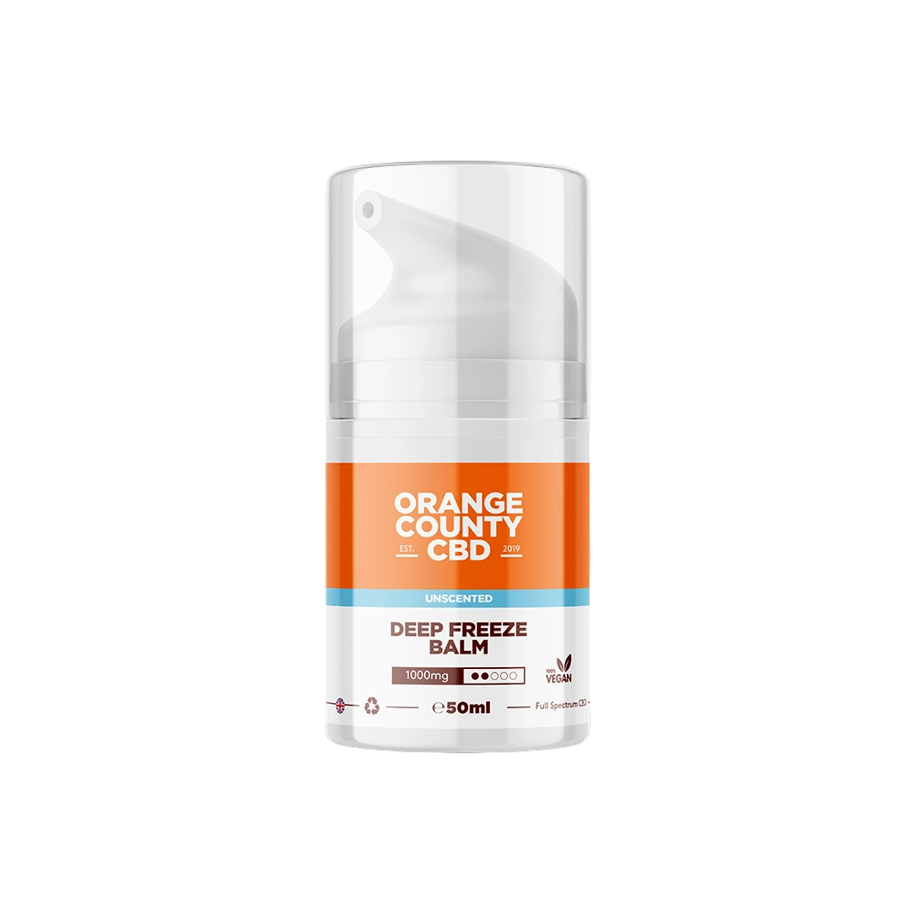 A 50ml pump bottle of Orange County CBD Deep Freeze Balm, 1000mg, featuring a white and orange label on a clean white background.