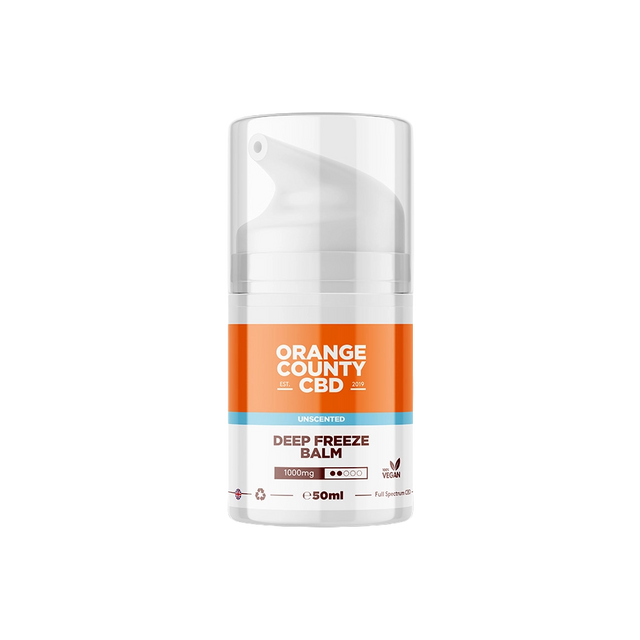 A 50ml pump bottle of Orange County CBD Deep Freeze Balm, 1000mg, featuring a white and orange label on a clean white background.