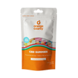 A stand-up pouch of Orange County CBD Gummies on a plain white background. The packaging is white on the top half and bright orange on the bottom, with a clear window showing multicolored gummies inside.