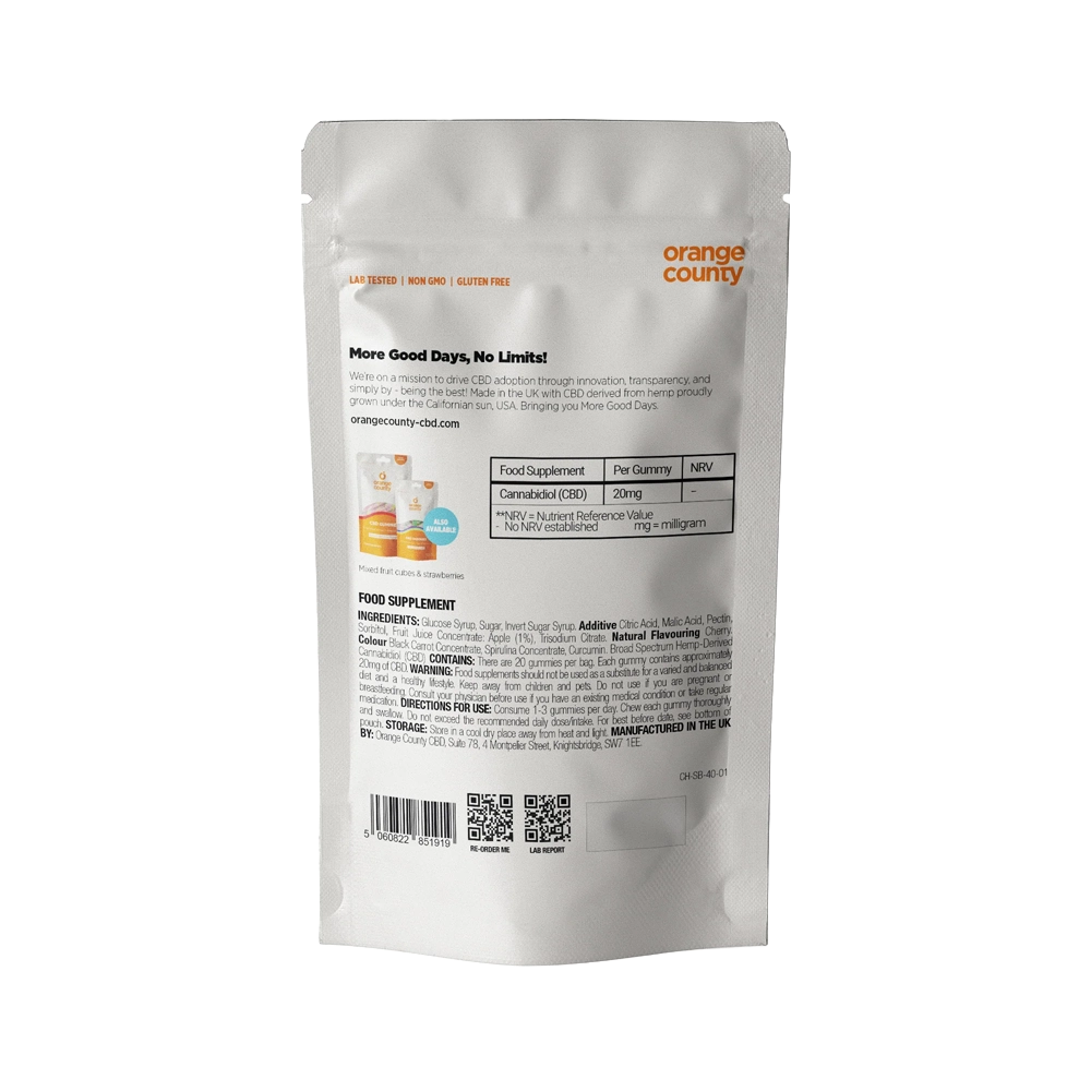 The back of an orange County food supplement pouch, showing product details, ingredients, and a barcode on a clean white background.
