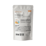 The back of an orange County food supplement pouch, showing product details, ingredients, and a barcode on a clean white background.
