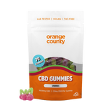 An orange and white stand-up pouch of Orange County CBD Gummies (Cherries) on a white background, with three cherry-shaped gummy candies displayed in the lower-left corner.