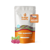 Orange County CBD Gummies in a white and orange stand-up pouch with three cherry-shaped gummies displayed in front on a white background.