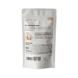 The back of an orange County food supplement pouch, showing product details, ingredients, and a barcode on a clean white background.