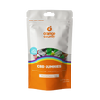 A stand-up pouch of Orange County CBD Gummies on a plain white background. The packaging is white on the top half with an orange logo and a clear window showing multicolored gummies, and orange on the bottom half with rainbow accents and product text.