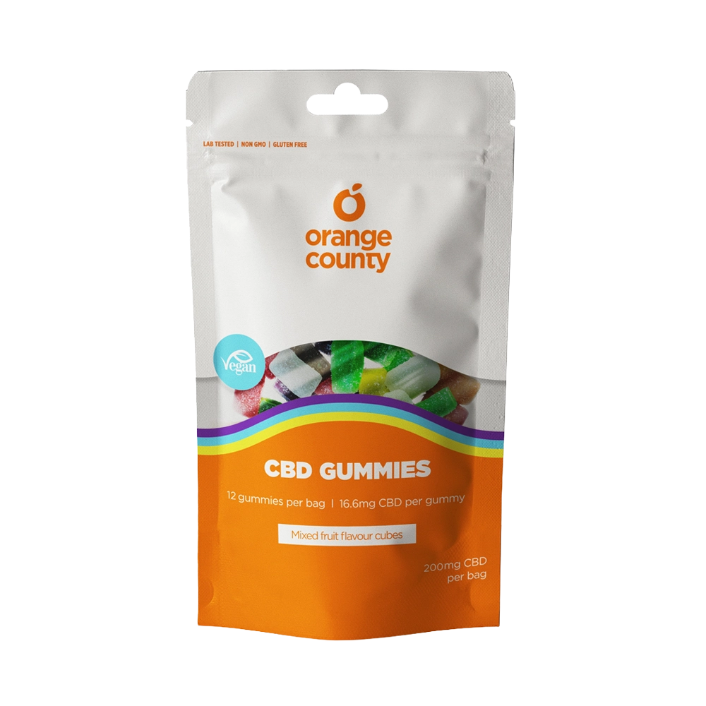 A stand-up pouch of Orange County CBD Gummies on a plain white background. The packaging is white on the top half with an orange logo and a clear window showing multicolored gummies, and orange on the bottom half with rainbow accents and product text.