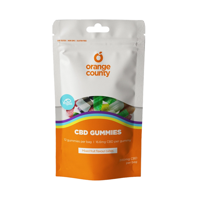 A stand-up pouch of Orange County CBD Gummies on a plain white background. The packaging is white on the top half with an orange logo and a clear window showing multicolored gummies, and orange on the bottom half with rainbow accents and product text.