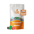 An orange and white stand-up pouch of Orange County CBD Gummies with several colorful gummy candies displayed in front on a white background.