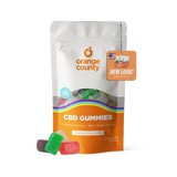 An orange and white stand-up pouch of Orange County CBD Gummies with several colorful gummy candies displayed in front on a white background.