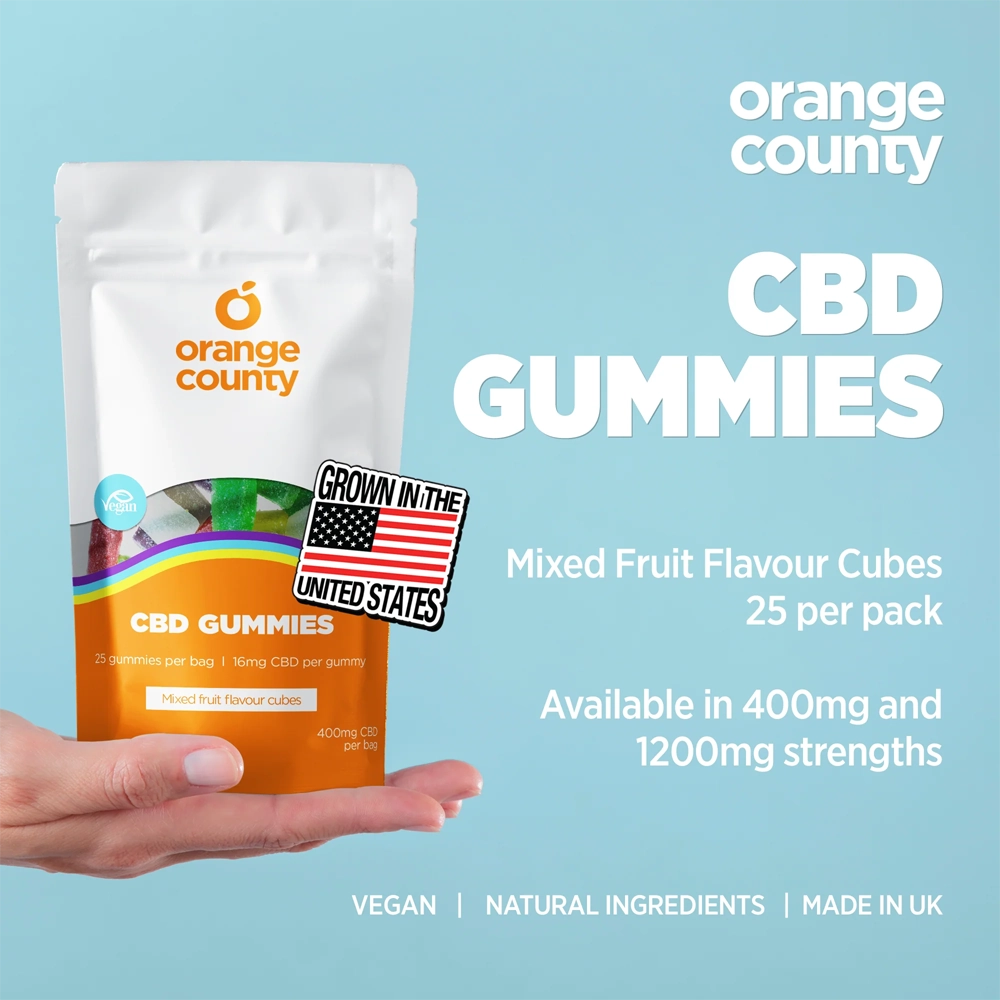 Orange County CBD Gummies packaging held in a hand with product details on a blue background