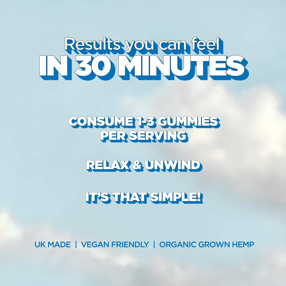 Promotional graphic with a light blue sky and clouds background. Large white and blue text reads: 'Results you can feel IN 30 MINUTES', 'CONSUME 1-3 GUMMIES PER SERVING', 'RELAX & UNWIND', 'IT'S THAT SIMPLE!', with smaller text at the bottom reading 'UK MADE | VEGAN FRIENDLY | ORGANIC GROWN HEMP'.