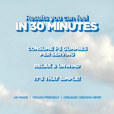 Promotional graphic with a light blue sky and clouds background. Large white and blue text reads: 'Results you can feel IN 30 MINUTES', 'CONSUME 1-3 GUMMIES PER SERVING', 'RELAX & UNWIND', 'IT'S THAT SIMPLE!', with smaller text at the bottom reading 'UK MADE | VEGAN FRIENDLY | ORGANIC GROWN HEMP'.