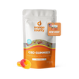 Orange County CBD Gummies pouch in peach flavor, shown on a white background with two gummy candies in front and a promotional hang tag.
