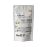The back of an orange County food supplement pouch, showing product details, ingredients, and a barcode on a clean white background.
