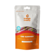 An orange and white stand-up pouch of Orange County CBD Gummies, Fruit Strawberries flavor, on a solid white background.