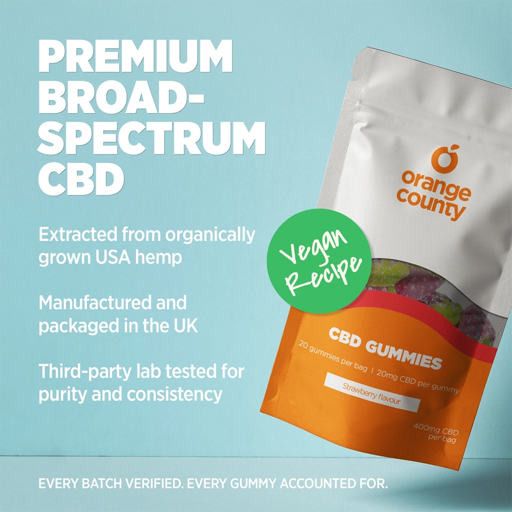 Orange County CBD Gummies packaging with product details on a light blue background