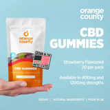 Orange County CBD Gummies packaging held by a hand with product details on a blue background