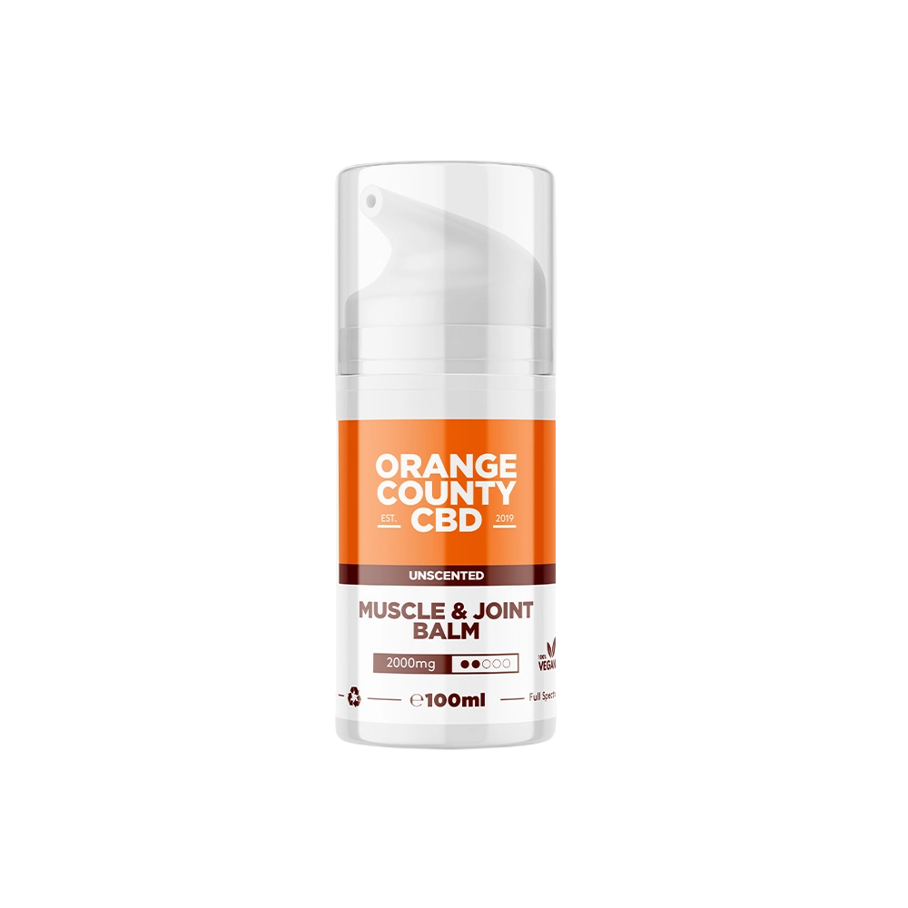 A 100ml pump bottle of Orange County CBD Muscle & Joint Balm, Unscented, on a solid white background.
