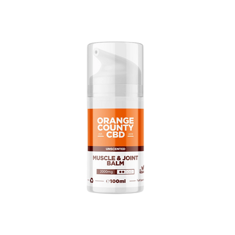 A 100ml pump bottle of Orange County CBD Muscle & Joint Balm, Unscented, on a solid white background.