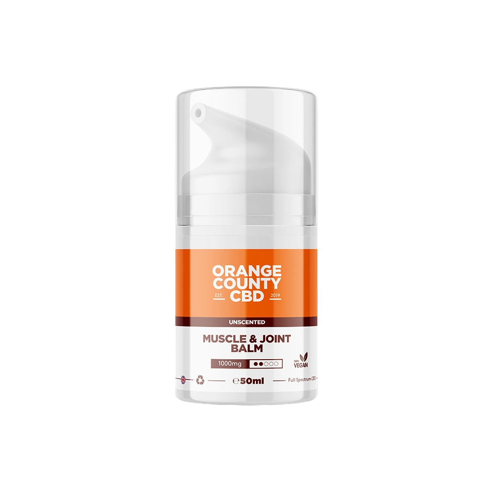 Orange County CBD Muscle & Joint Balm in a 50ml white pump bottle with a clear cap, featuring an orange and white label.