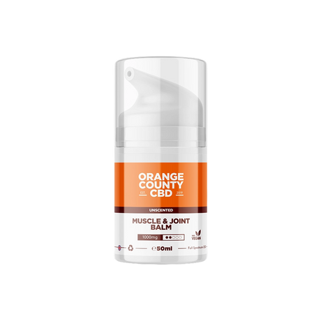 Orange County CBD Muscle & Joint Balm in a 50ml white pump bottle with a clear cap, featuring an orange and white label.