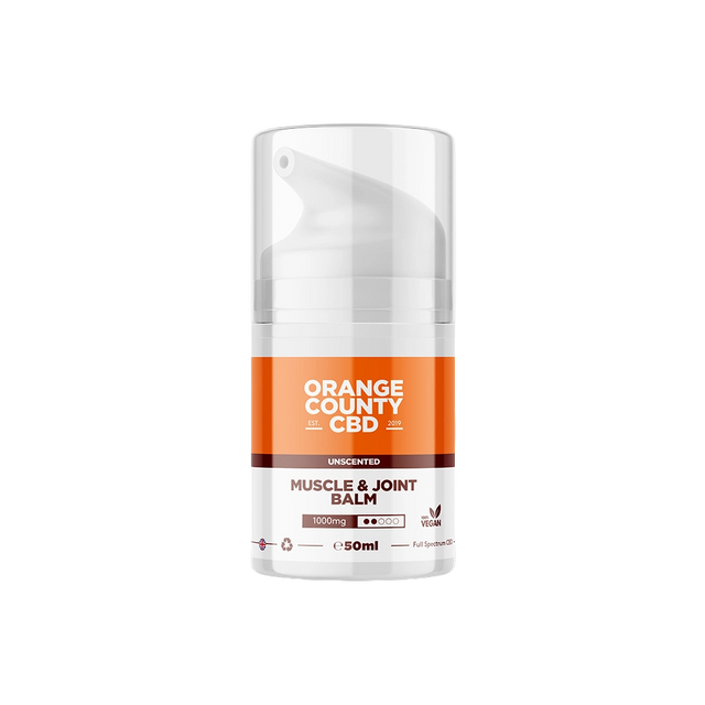 Orange County CBD Muscle & Joint Balm in a 50ml white pump bottle with a clear cap, featuring an orange and white label.