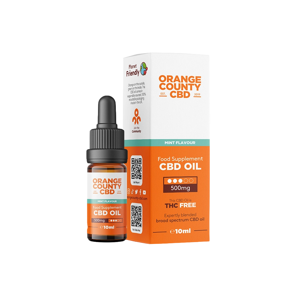 A 10ml bottle of Orange County CBD Oil with a black dropper cap stands next to its white and orange retail box on a plain white background. The packaging features the brand 'Orange County CBD' with 'Mint Flavour' and '500mg' highlighted.