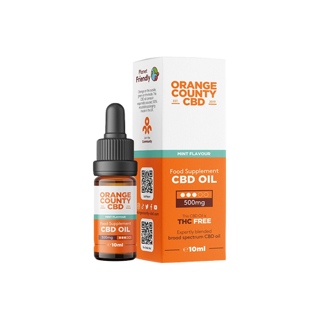 A 10ml bottle of Orange County CBD Oil with a black dropper cap stands next to its white and orange retail box on a plain white background. The packaging features the brand 'Orange County CBD' with 'Mint Flavour' and '500mg' highlighted.