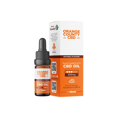 An amber glass dropper bottle of Orange County CBD Oil next to its white and orange retail box, featuring the brand name 'Orange County CBD' on a clean white background.