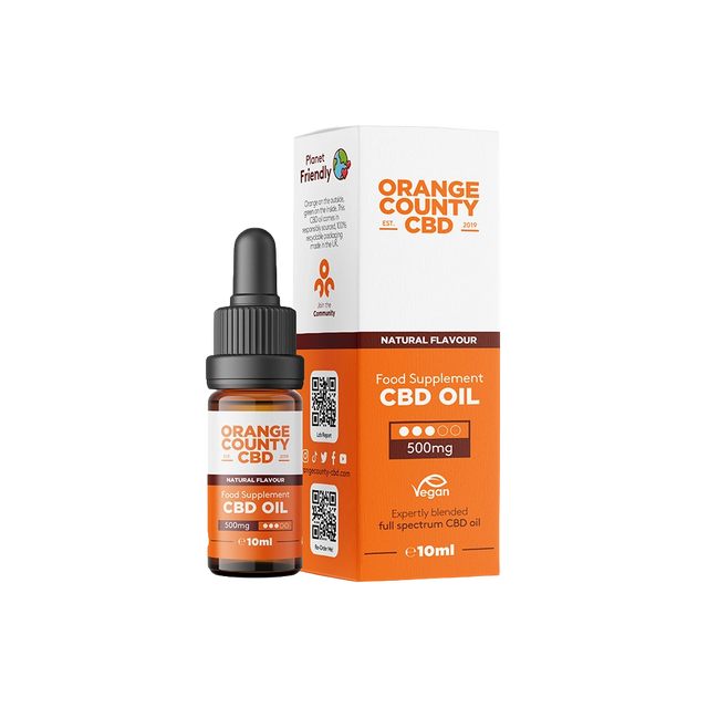 An amber glass dropper bottle of Orange County CBD Oil next to its white and orange retail box, featuring the brand name 'Orange County CBD' on a clean white background.