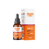 An amber glass dropper bottle of Orange County CBD Food Supplement CBD Oil next to its white and orange packaging box, on a plain white background.