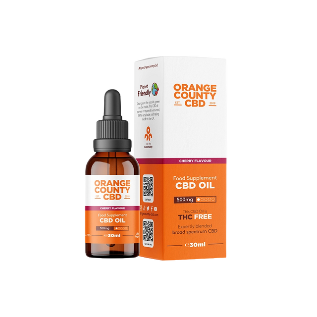 An amber glass dropper bottle of Orange County CBD Food Supplement CBD Oil next to its white and orange packaging box, on a plain white background.