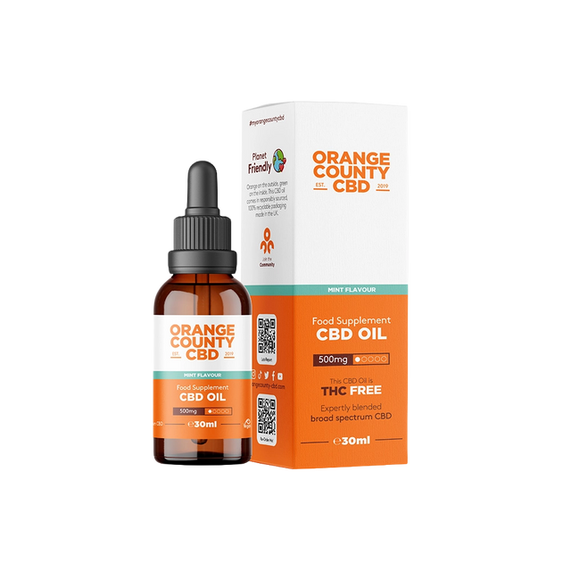 An amber glass dropper bottle and its matching white and orange packaging box for Orange County CBD Food Supplement CBD Oil, mint flavour, 30ml.