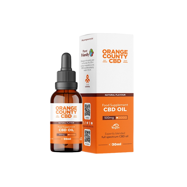 An amber glass dropper bottle of Orange County CBD Food Supplement CBD Oil next to its white and orange retail box, on a plain white background.