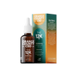 An amber glass dropper bottle of Orange County CBD 'The 12K' 12,000mg Full Spectrum CBD oil stands next to its matching cardboard packaging box on a clean white background.