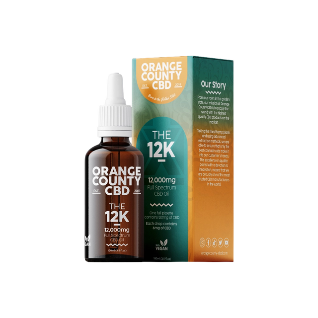 An amber glass dropper bottle of Orange County CBD 'The 12K' 12,000mg Full Spectrum CBD oil stands next to its matching cardboard packaging box on a clean white background.