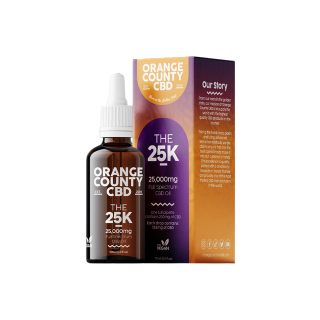 An amber glass dropper bottle and its matching retail box for Orange County CBD 'The 25K' full spectrum CBD oil, displayed on a clean white background.