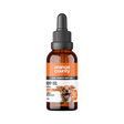 An amber glass dropper bottle of Orange County Hemp Oil for dogs, featuring a black dropper cap and a label with orange and white sections and a dog illustration, set against a plain white background.