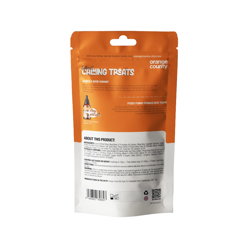 The back of a stand-up pouch of Natural Calming Treats for dogs by Orange County, featuring an orange and white design with product information shown.